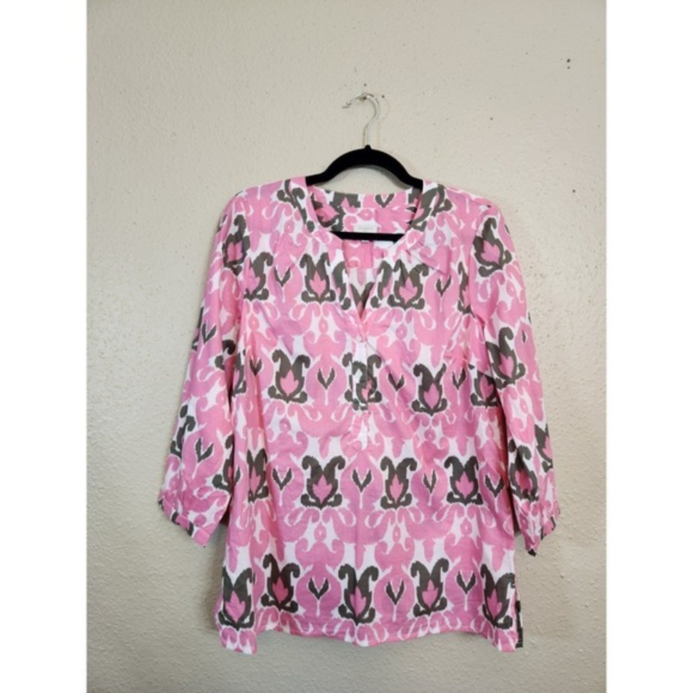 Talbots Women's Pink Cotton Geometric Spilt V-Neck 3/4 Sleeve Blouse Size Medium